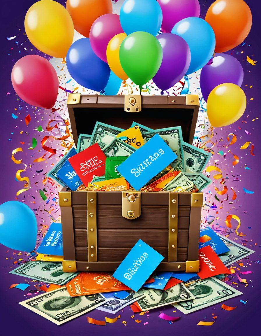 A vibrant, eye-catching illustration depicting a treasure chest overflowing with colorful gift cards, surrounded by playful confetti and dollar signs. In the background, festive balloons and ribbons suggest various occasions like birthdays and holidays. A calculator and a magnifying glass hint at maximizing savings. The overall tone is joyful and celebratory, inviting readers to explore gift card promotions. vibrant colors. 3D. festive style.