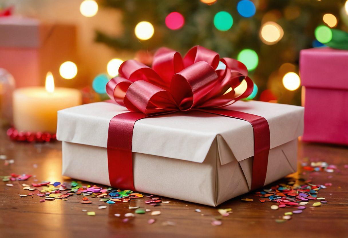 A cozy scene displaying a beautifully wrapped gift card nestled among colorful decorative items, like ribbons and confetti, with soft holiday lights twinkling in the background. The ambiance conveys warmth and thoughtfulness, emphasizing both spontaneity and personalization in gifting. Include a joyful touch, perhaps a handwritten note peeking out from the package. vibrant colors. super-realistic. warm lighting.