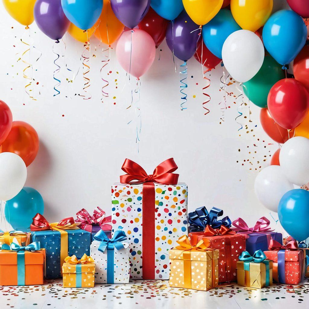 A vibrant, colorful gift card display surrounded by an array of wrapped presents and sparkling confetti, showcasing various types of gift cards like restaurants, shopping, and experiences. Include a backdrop of festive decorations that evoke a sense of joy and surprise. Highlight the excitement of gifting with whimsical elements like balloons and ribbons. super-realistic. vibrant colors. white background.